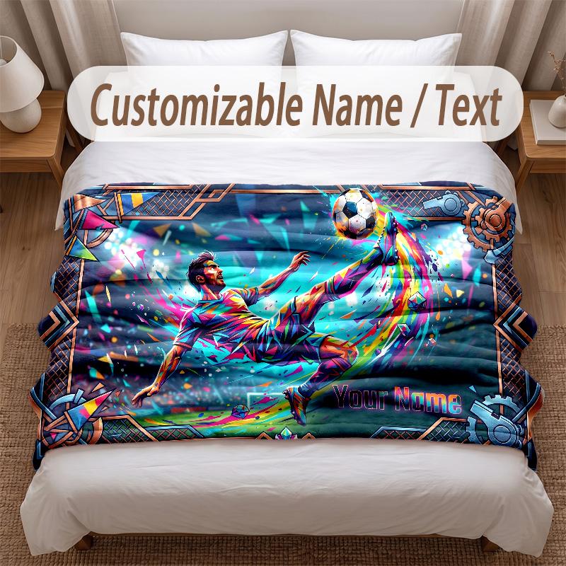 Soccer Theme Soft Blanket Personalized Custom Name Text Print Warm Blanket Home Sofa Bedroom Decor
