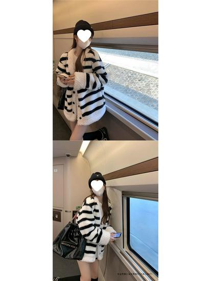 Women's 2025 Autumn/Winter Velvet Lambswool Coat - Soft Striped Casual Cardigan, Lazy Style Trendy Top