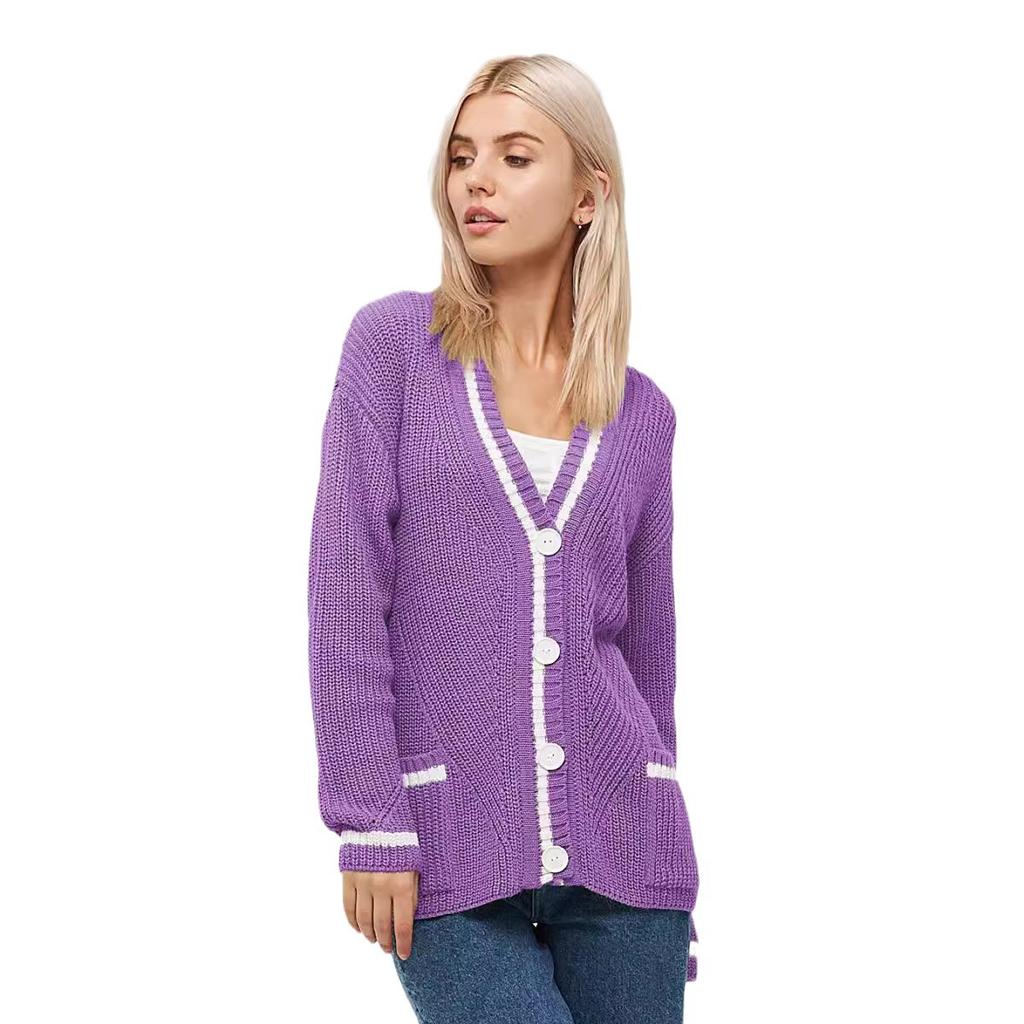Knitted Cardigan Sweater Female Autumn and Winter V-neck Pockets Colorblocking Knitted Long-sleeved Sweater Coat Female