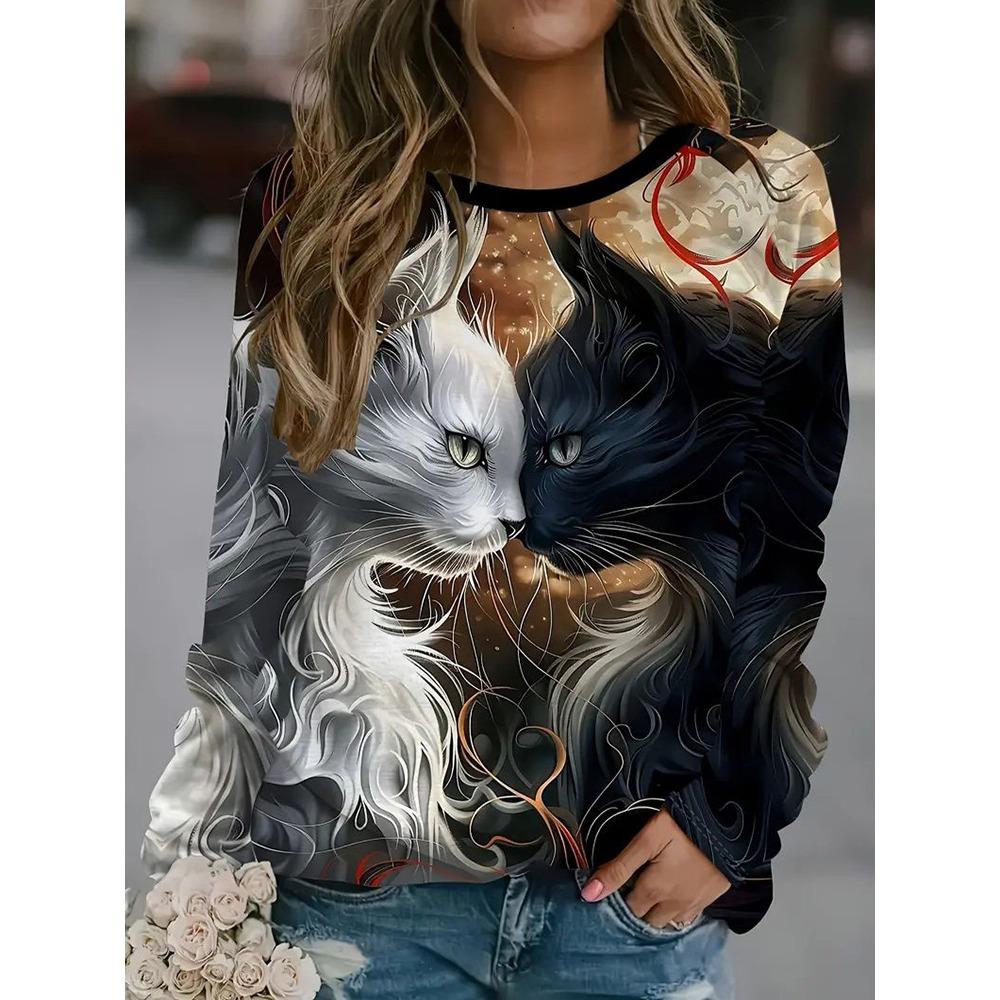 2025 New 3D Cat Print Women's Spring and Autumn Long-Sleeve T-Shirt, Casual Versatile Urban Street Style Top for Women