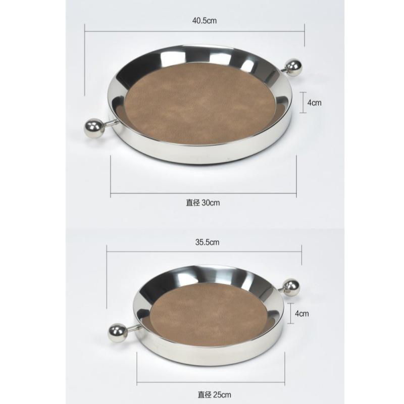 Stainless Steel Metal Mirror Leather Tray Circular Silver Handle Plate Desktop Storage Container Jewelry Tray Fruit Plate