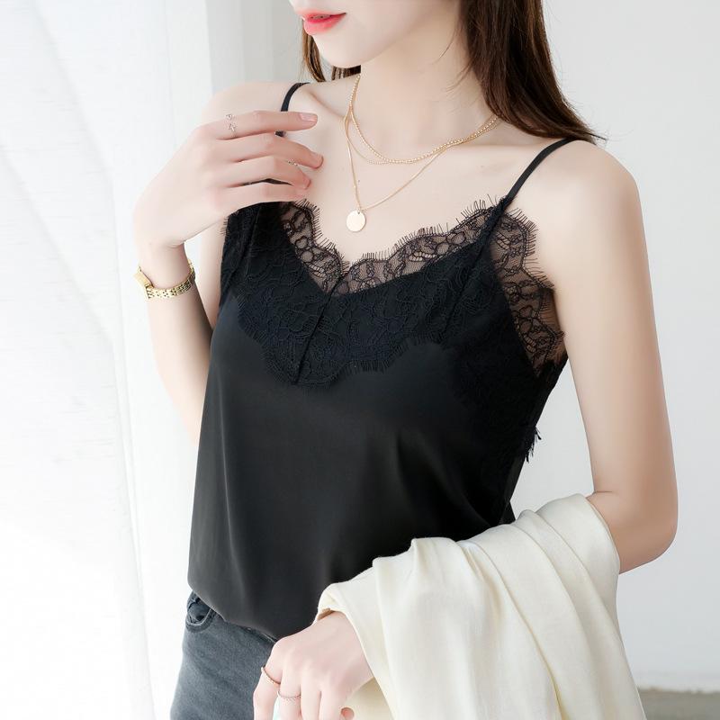 Summer Versatile Satin Interior Tops with Lace Solid Color Women’s Camis & Tank Tops