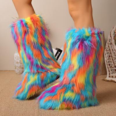 Modă Femei Peste Genunchi Cizme Pufoase din Blană Sintetică Moale Calde Confortabile Slip-on Cizme Femei Designer Pantofi cu Platformă Caldă de Pluș Plat pentru Doamne