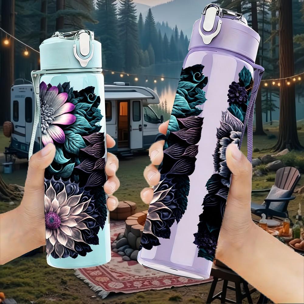 1PC Dark Dandelion Flower 750ml Color Plastic Sports Water Bottle Leakproof Flip Straw Lid Suitable for Sports Office Home Use
