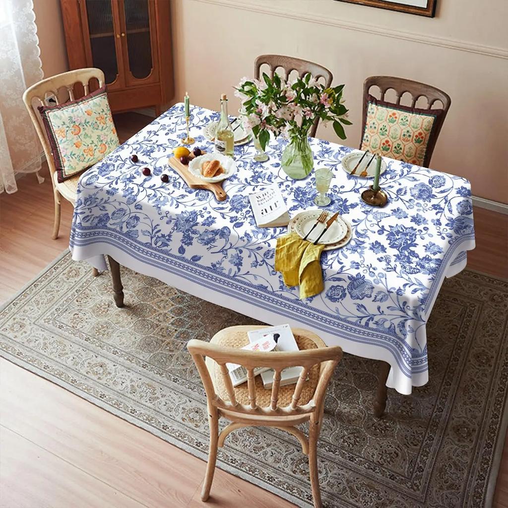Blau-florales rustikales rechteckiges Tischdecken-Küchen-Esszimmer-Dekor Wasserdichte Tischdecke für Tisch-Feiertagsparty-Dekorationen