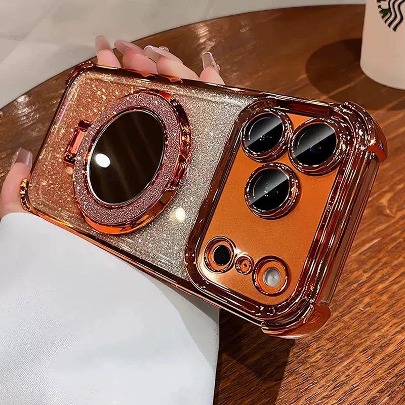 

Glitter Airbag Soft Anti-Fall Case with Makeup Mirror Bracket for iPhone 14, 15, 16 Pro, and Apple 17 iPhone 13 Pro