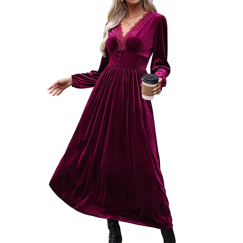 New high-end solid-color velvet long-sleeved autumn and winter dress