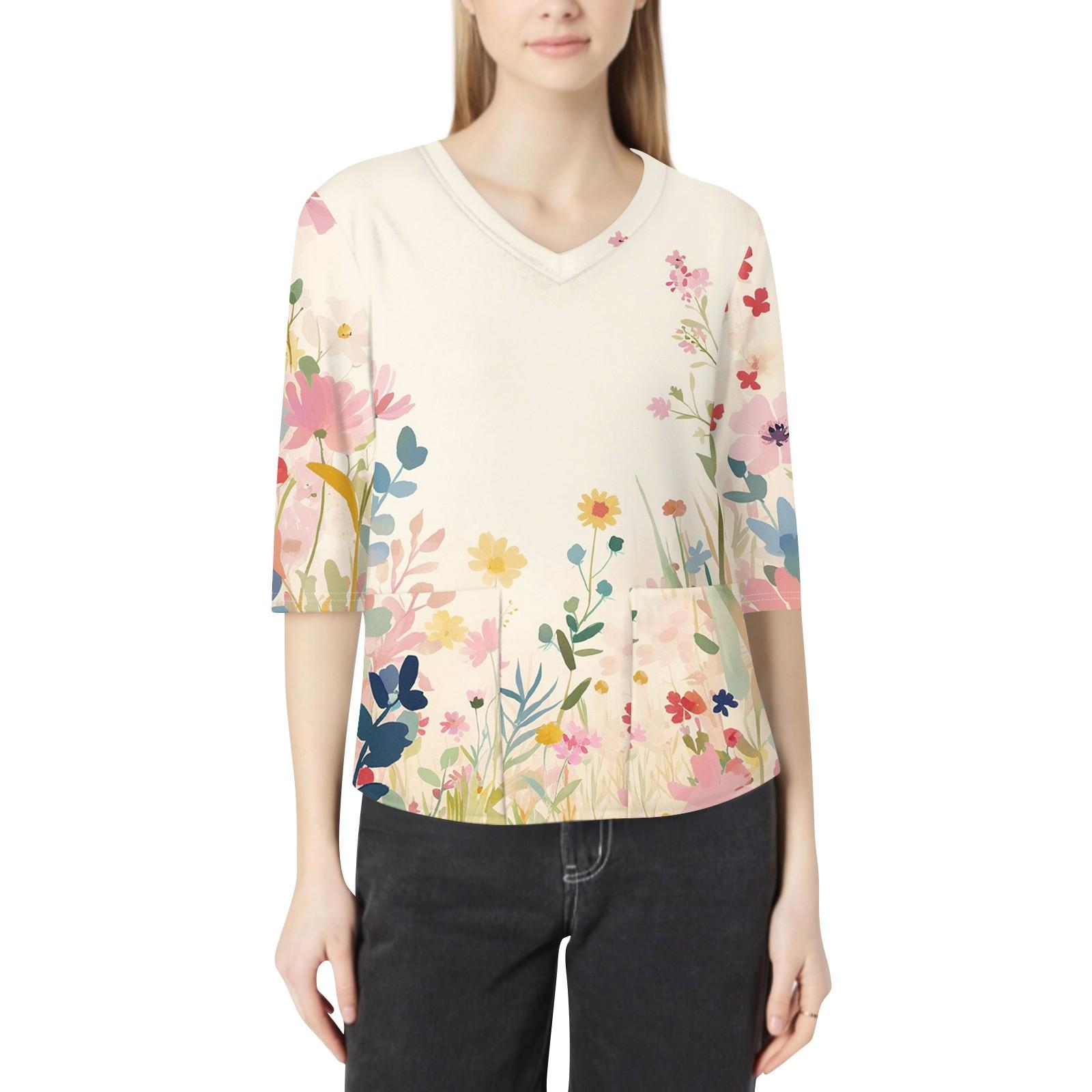 

Модная женская рабочая одежда с v-образным вырезом и рукавами 3/4, свободные топы с карманами и принтом XXL бежевый