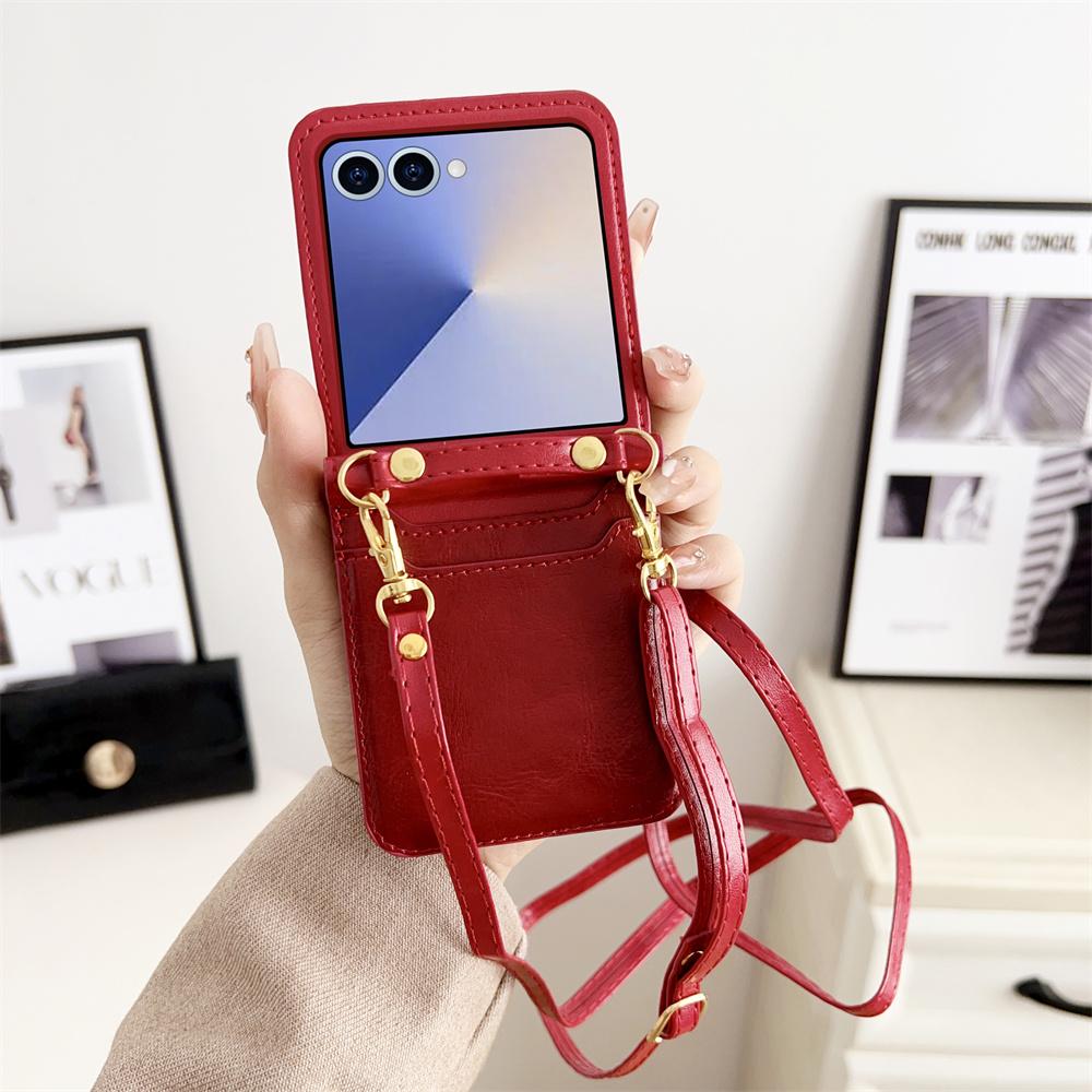 Crossbody Cards Solt Wallet Leather Phone Case for Samsung Galaxy Z Flip 7 FE 6 5 4 Flip6 Flip7 Hand Strap Lanyard Pocket Cover
