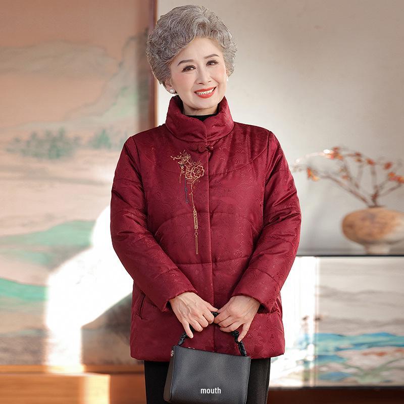 Stylish High-Collar Cotton Jacket for Middle-Aged and Elderly Women - Warm Winter Coat for Moms and Grandmothers, Chinese-Inspired Design