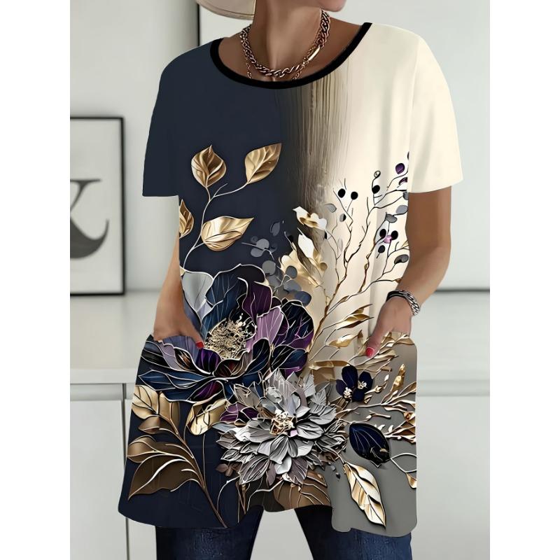 Women s Large Size Casual Elegant Floral Print Long Sleeve Round Neck Pocket T-Shirt Top S