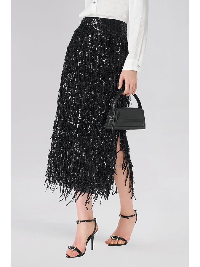 Women's Tassel Sequin Pencil Skirt with Slit - Solid Color, European & American Style