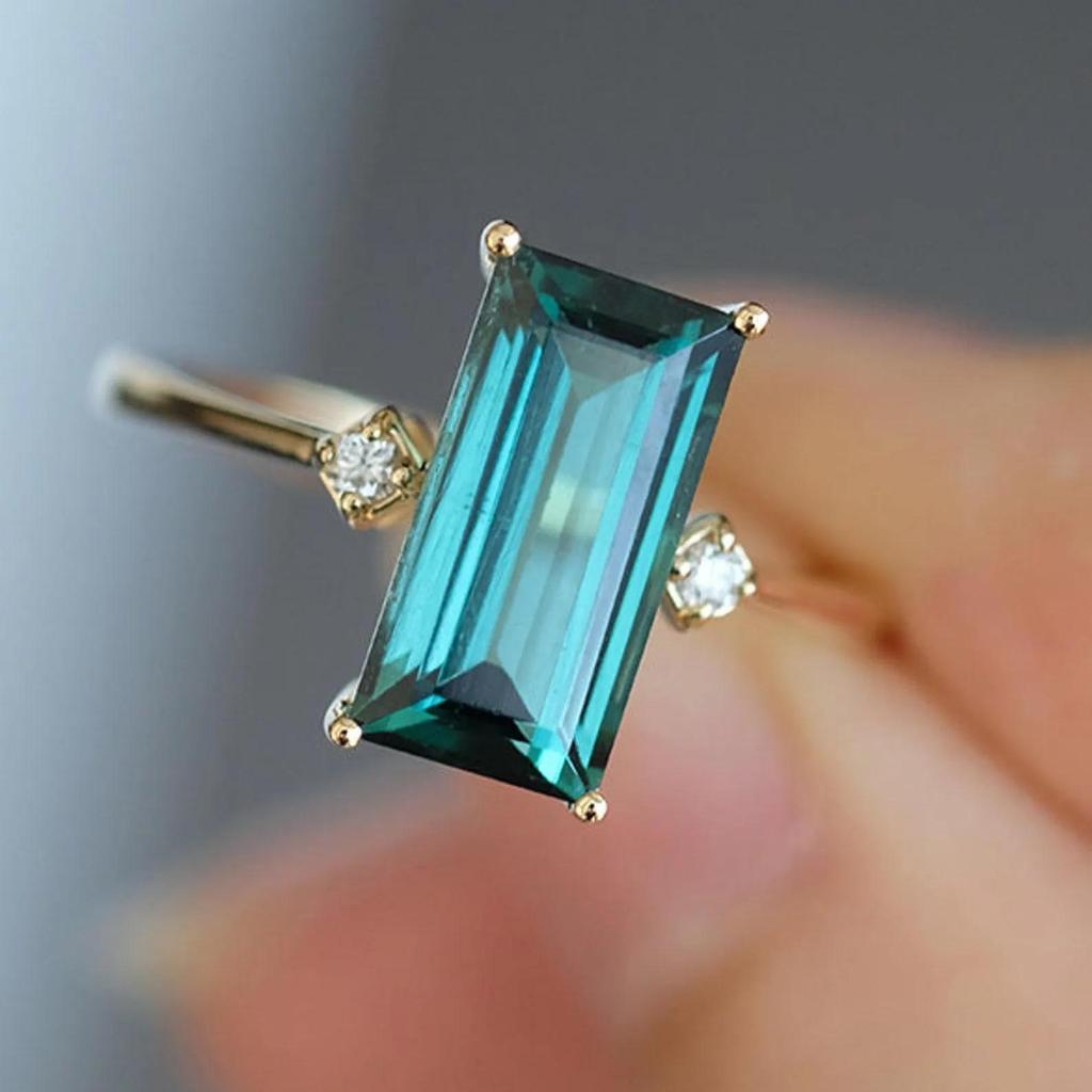 Green Sapphire Baguette Ring, Diamond Silver Cocktail Wedding Ring Long Sapphire Engagement Anniversary Ring Jewelry Gift For Her