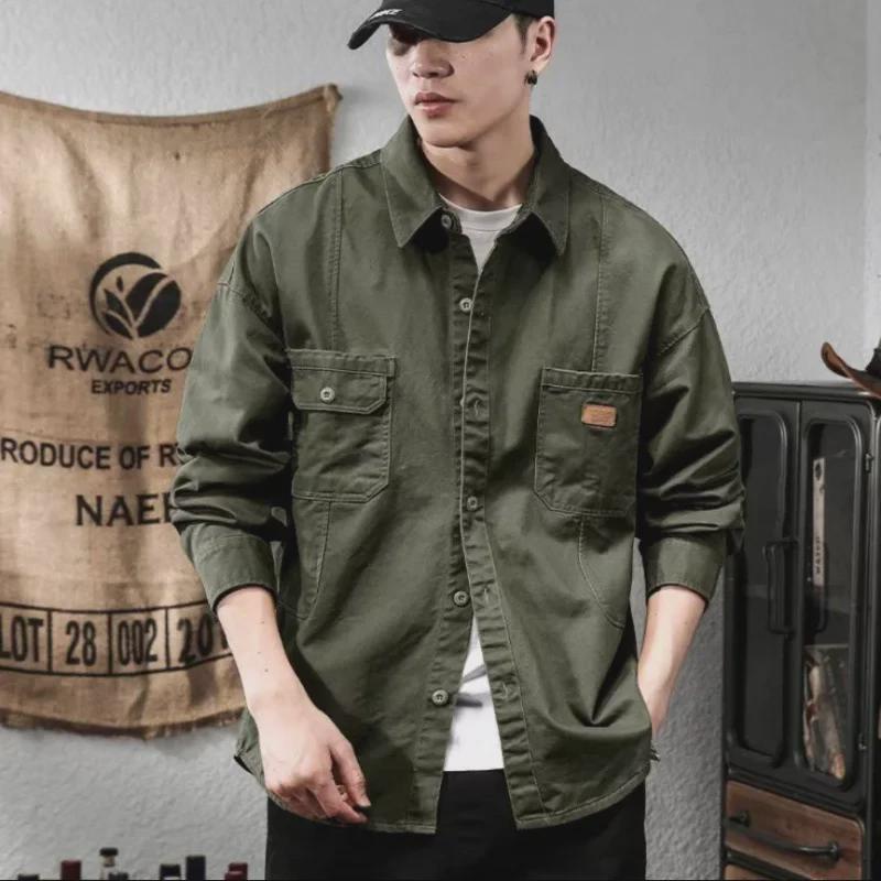 Men's American Retro Black Heavy Workwear Shirt - Spring & Autumn Fashion Jacket