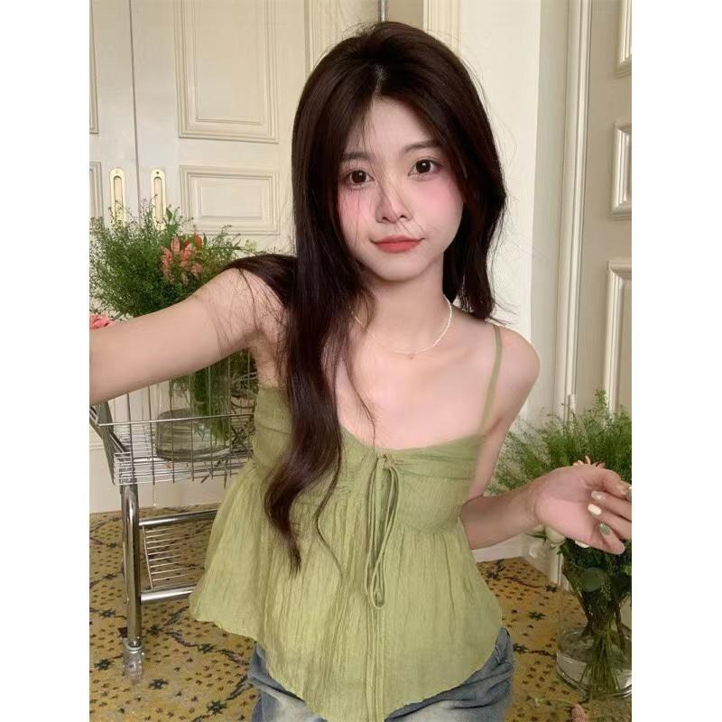 Frauen Leinen Süße Babydoll Rüschen Crop Ärmelloses Top Dünnen Riemen Vorne Schleife Flowy Camis Weibliche Koreanische Tank Top