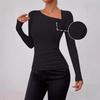 Women Long Sleeve Oblique Collar Slim Fit Solid Inner Base Layer T Shirt