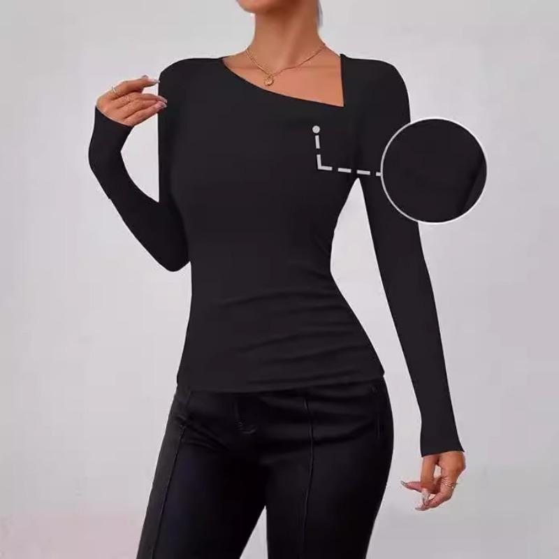 Women Long Sleeve Oblique Collar Slim Fit Solid Inner Base Layer T Shirt