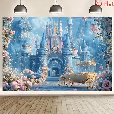 2D Blue Castle Backdrop, Fairy Tale Cinderella Castle with Pink Roses & Carriage Background for Party Decor