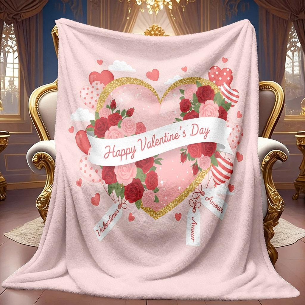 A 2D Heart and Rose-themed Flannel Blanket with Soft High-definition Digital Printing, a Cooling Blanket Suitable for All Seasons! Made of Soft and Br