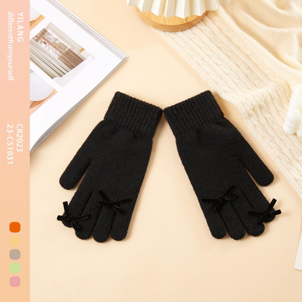 Warm Winter Velvet Gloves Plush Women Cycling Mittens Kawaii Bowknot Knitted Gloves  Ladies