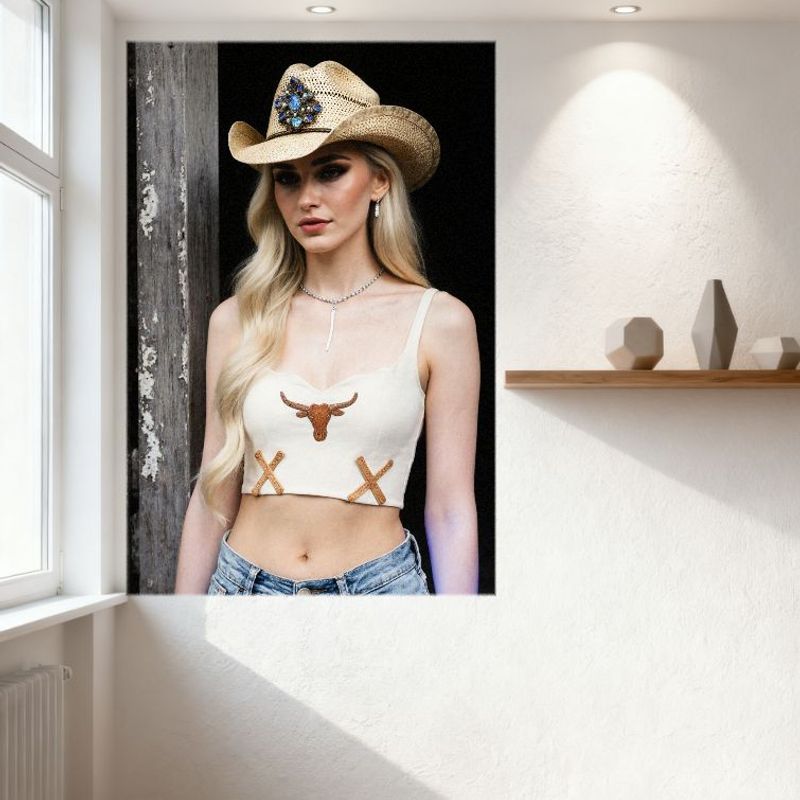 Sexy Western Cowgirl Blonde Long Hair Tin Sign Country Decorative Metal Poster with Longhorn Steer & Denim Shorts Aesthetic Wall