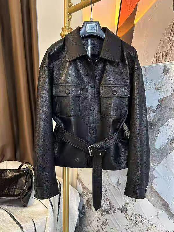 

European Style 2025 Spring Lambskin Puffy Leather Motorcycle Jacket - Song Jia Inspired Temperament Coat S (Below 105 lbs) чорний