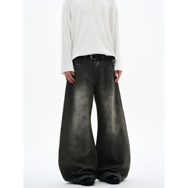 Kisko American Retro Washed Distressed Loose Scimitar Jeans Unisex Trendy Brand Cool Straight-Leg Drape Pants