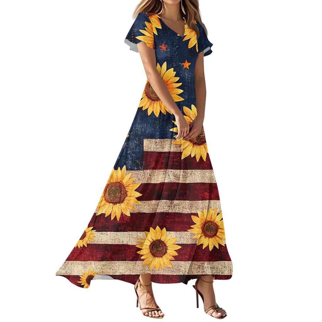Women's Independence Day Printed Casual Fashion Dresses V-Neck Short Sleeve Dresses