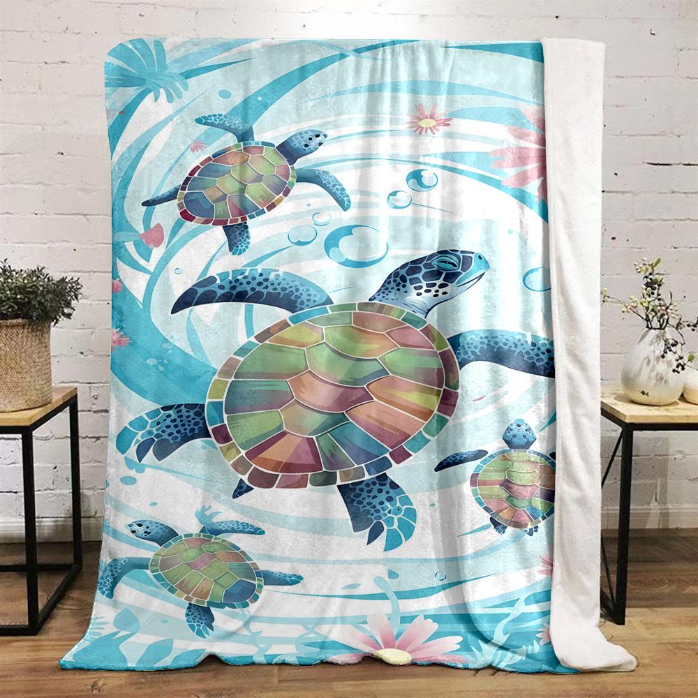 Colorful Sea Turtles with Floral Swirls Patterned Flannel Blanket Perfect for the Bedroom Living Room, Sofa, or a Little Nap