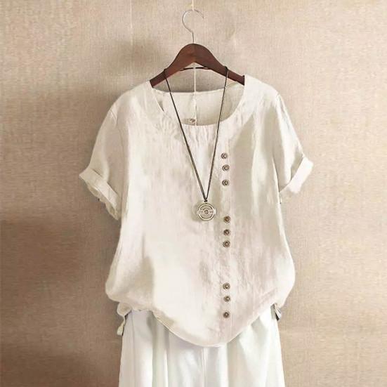 Summer Women T Shirt Loose Fit Round Neck Short Sleeve Solid Color Pullover Top Buttons Decor Daily Wear Tee