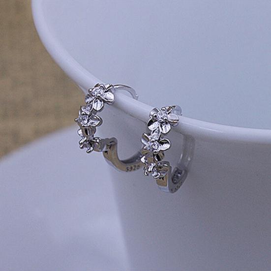 Lady Flower Faux Sweet Rhinestone Huggie Silver Plated Earrings Hoops
