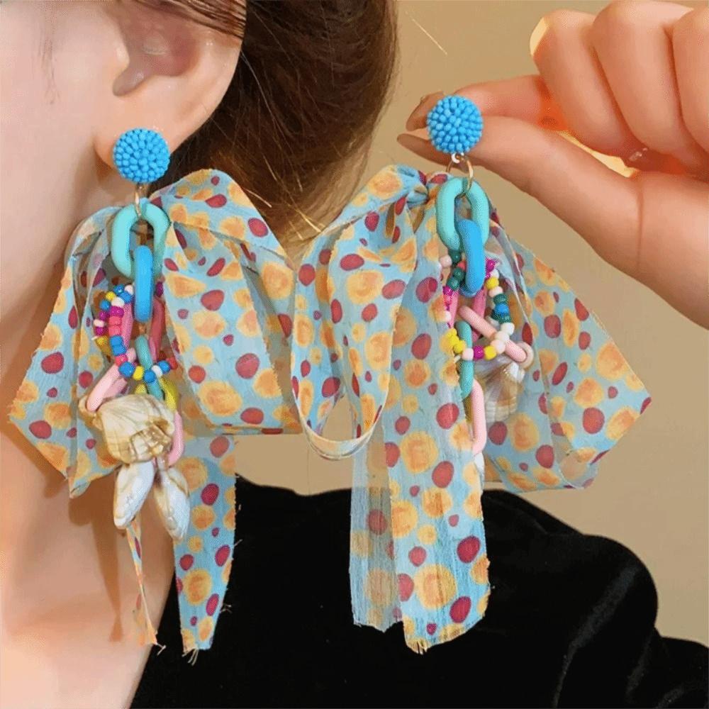 Cloth Fabric Flower Tassel Earrings Ear Jewelry Shell Earrings Fashion Tassel Earrings  Party