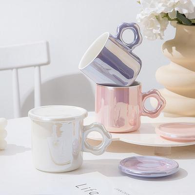 Light Luxury Pearlescent Cup High Value Cup Ceramic Cup Mug with Lid Flower Girl Heart Coffee Cup Office