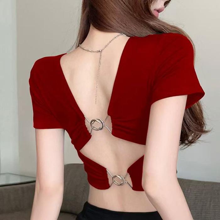 American retro hottie sexy backless T-shirt women's summer niche design versatile front shoulder thin short top ins
