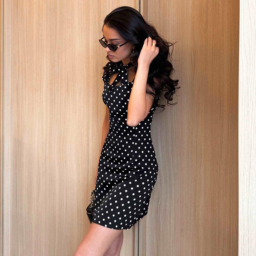 Spring and summer new retro Hong Kong style polka dot dress women's skirt European and American temperament commuting waist skirt