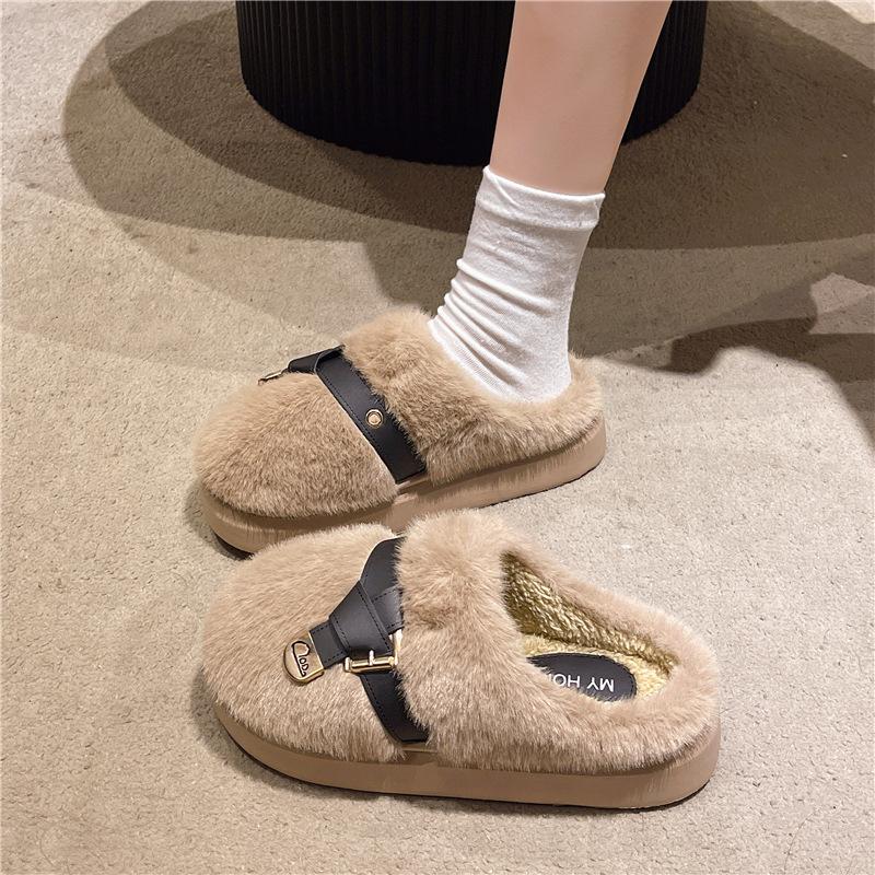 Cotton slippers women's thick-bottomed bag head and anti-skid slippers for stepping on shit, new velvet warm cotton mop in autumn and winter 2025
