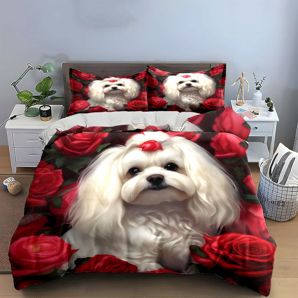 Cute Dog Surrounded By Roses Exquisite Three-Piece Bedding Set Gift For Kids And Adults