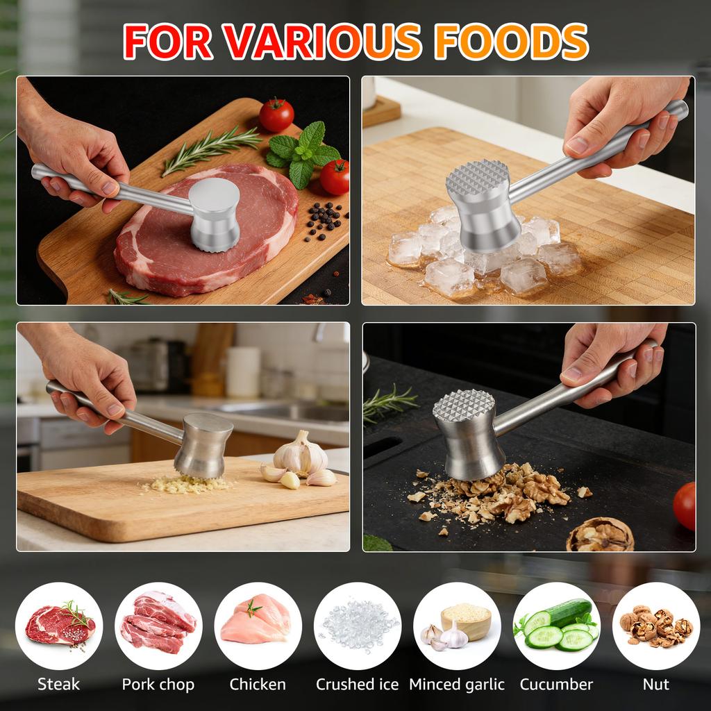 Meat Tenderizer Hammer Double-Sided Meats Hammer Stainless Steel/Zinc Alloy Meat Mallet for Beef Chicken Steak Kitchen Gadgets