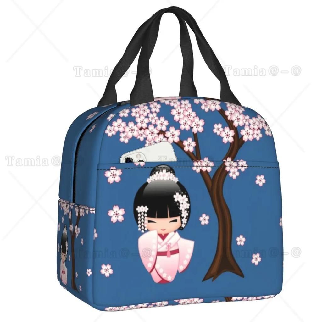Japanese Red Sakura Kokeshi Doll Insulated Lunch Bag for Women Resuable Cute Girly Cherry Blossom Thermal Cooler Lunch Box