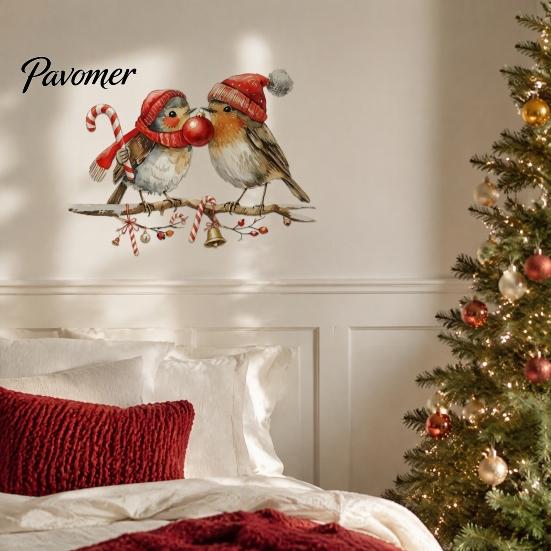 Seasonal Home Decorations Christmas Birds on Tree Branch Wall Sticker, Cute Watercolor Bird Decal Festive Balcony Glass Decor with Ball, Candy