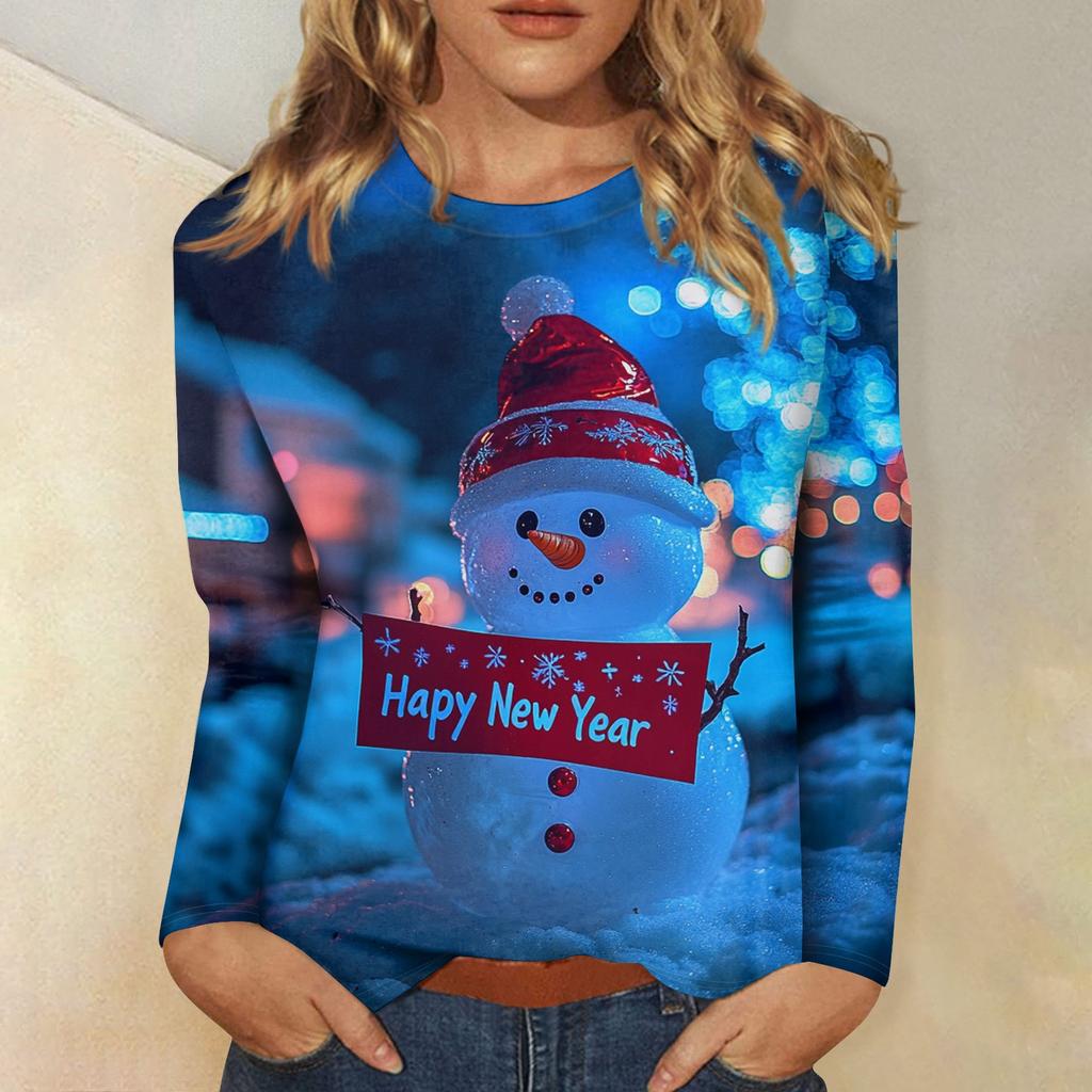 Women's Casual Fashion Sexy Comfortable Christmas Printed Round Neck Long Sleeve Top