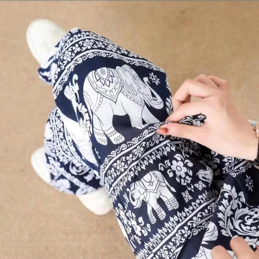 Dlouhé sloní kalhoty Nastavitelný elastický vysoký pas Popruh Volná nohavice Dámský potisk Thajsko Ležérní Streetwear Plážový Bohémský Retro Vintage
