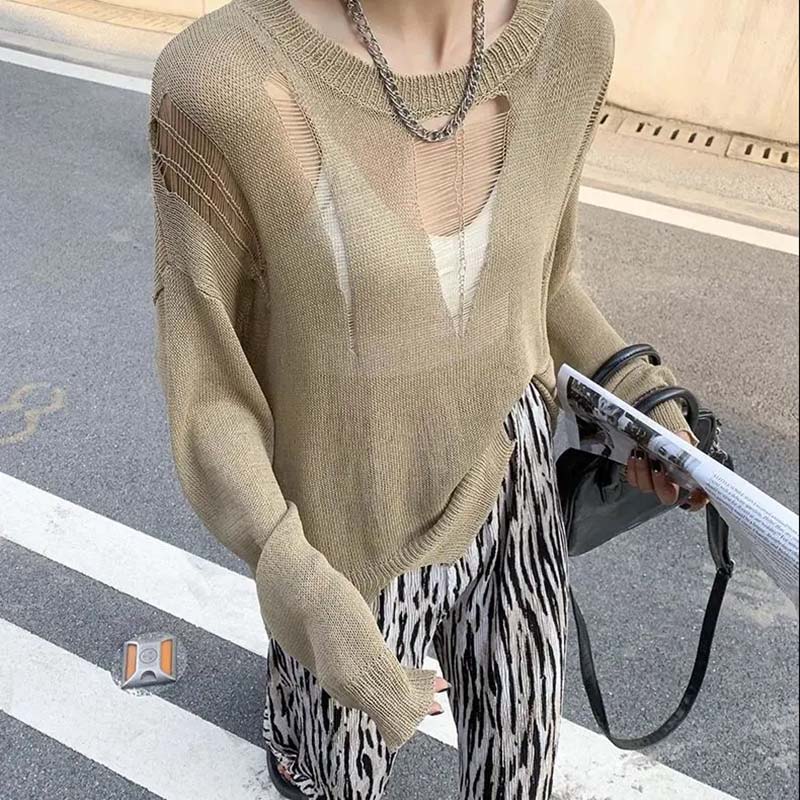 Y2K Schwarz Eis Seide Hohl Dünnen Pullover Damen Langarm Sonnenschutz Top Neue Sexy Lose Kintwear Ripped Bluse Punk stil Pullover