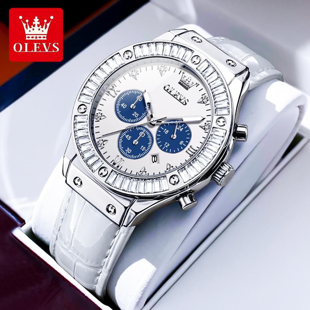 OLEVS 9978 Original Quarz Damenuhr Mode Lederarmband Luxus Diamantlünette Wasserdicht Leuchtend Chronograph Damenuhr