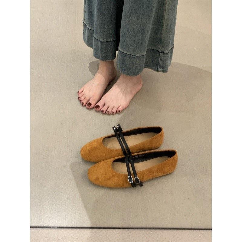 French ballet style one-word buckle single shoes women's shoes 2025 spring and autumn round head Mary Jane shoes suede versatile flats