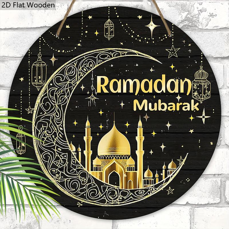 """Ramadan Mubarak" Mond & Moschee Holzschild, Runde Haustür Dekoration, Islamisches Wandbehang - Ideales Geschenk für Ramadan & Eid Feiern"""