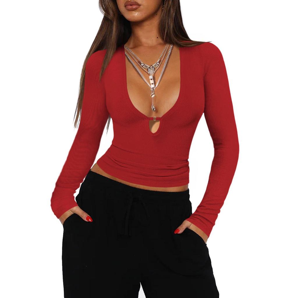 Herbst 2025 Y2K Tief V-Ausschnitt Cutout Sexy Slim Fit Langarm Strickpullover
