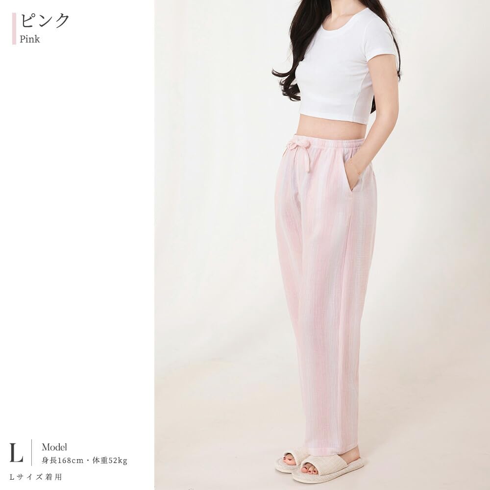 Yes Family Double Gauze Pajama Straight Striped Size Pink Women's Pants, 100% Cotton, Fit, Pattern, M,