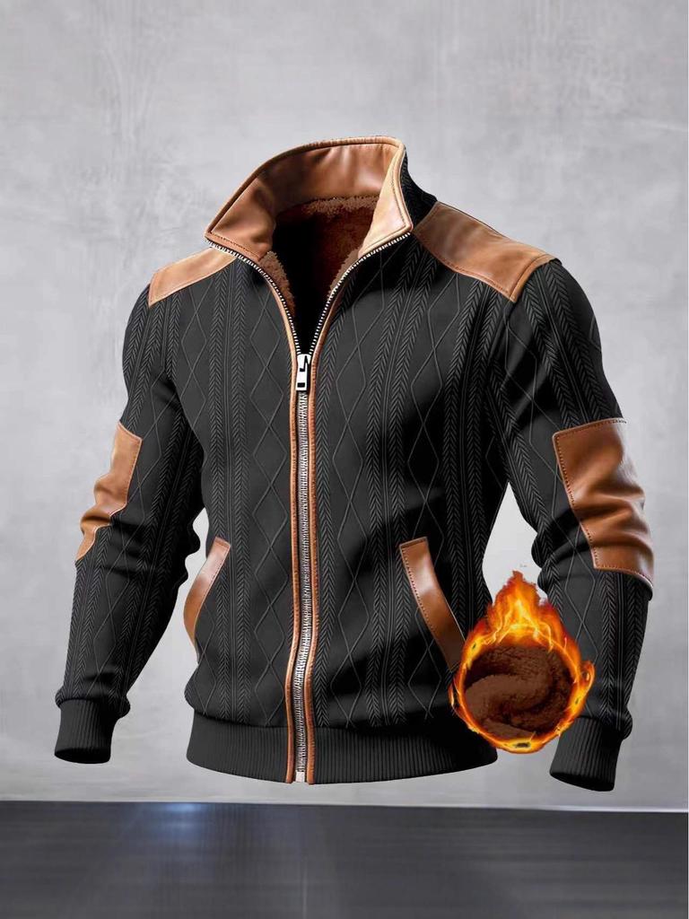 Herren Herbst/Winter 2025 Europäisch & Amerikanisch Color Block Reißverschlussjacke mit Fleecefutter