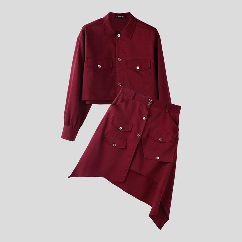 

INCERUN Women Men Long Sleeve Cropped Tops and Irregular Skirts Sets Outfits 5XL вино красного